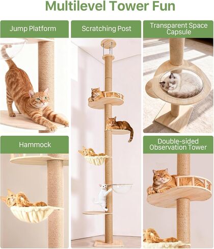 Floor-to-Ceiling Cat Tree Height Adjustable (50-120in) | 5-Level Heavy Duty Cat Activity Center with Scratching Posts, Jump Platforms, Hammock | Space-Saving Tall Cat Tower for Indoor Cats in Kuwait