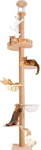 Floor-to-Ceiling Cat Tree Height Adjustable (50-120in) | 5-Level Heavy Duty Cat Activity Center with Scratching Posts, Jump Platforms, Hammock | Space-Saving Tall Cat Tower for Indoor Cats in Kuwait