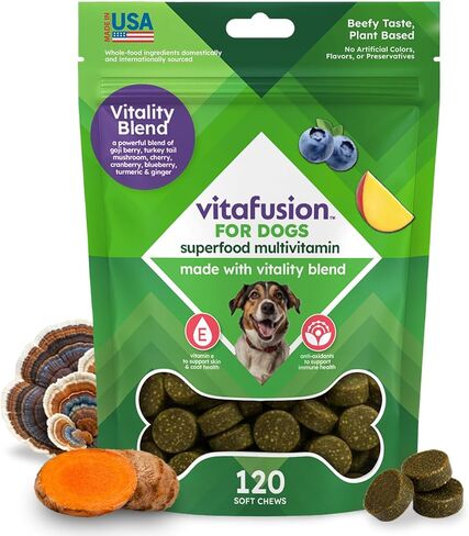 VitaFusion Dog Hip and Joint Supplement Glucosamine, Chondroitin, MSM, Omega-3 & Green-Lipped Mussel, Superfoods Blend. Flexibility and Cartilage Health. Wellness for Puppies to Senior Dogs,120 Chews. in Saudi Arabia