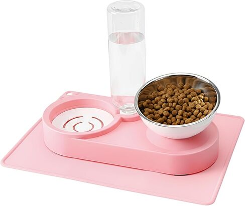 Raised Dog Cat Food Bowl, Cat Food and Water Bowl Set with Water Dispenser, Stainless Steel Bowls and Feeding Mat, Food Feeding Dishes for Indoor Cats and Small Dogs, Black in Kuwait