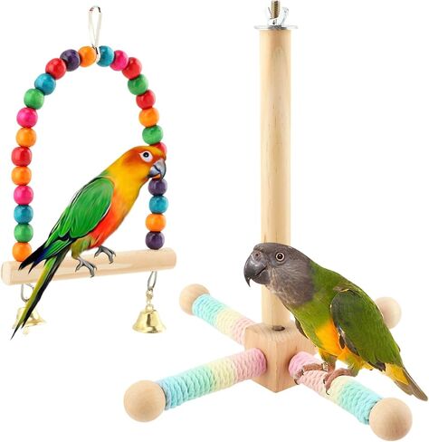 Hanging Bird Perch Toy, Parrot Interactive Rotating Perch, 360°Silent Free-Spin, Wooden Bird Cage Accessories for Standing, Climbing and Perching in Kuwait