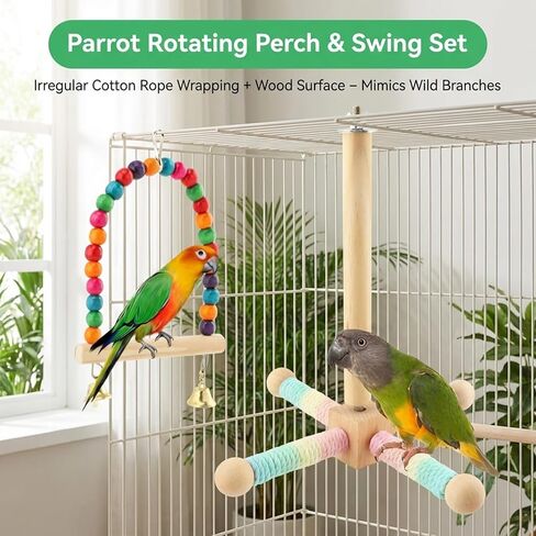 Hanging Bird Perch Toy, Parrot Interactive Rotating Perch, 360°Silent Free-Spin, Wooden Bird Cage Accessories for Standing, Climbing and Perching in Kuwait