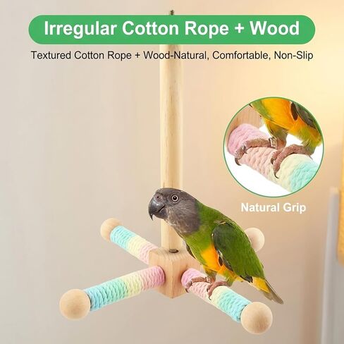 Hanging Bird Perch Toy, Parrot Interactive Rotating Perch, 360°Silent Free-Spin, Wooden Bird Cage Accessories for Standing, Climbing and Perching in Kuwait