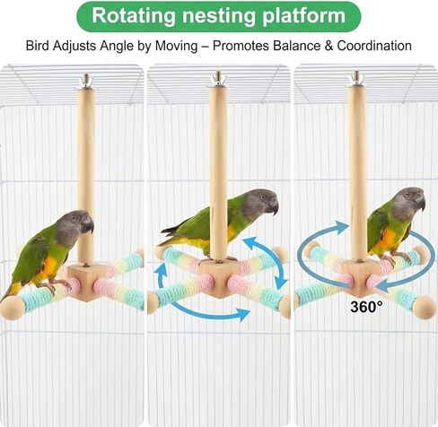 Hanging Bird Perch Toy, Parrot Interactive Rotating Perch, 360°Silent Free-Spin, Wooden Bird Cage Accessories for Standing, Climbing and Perching in Kuwait