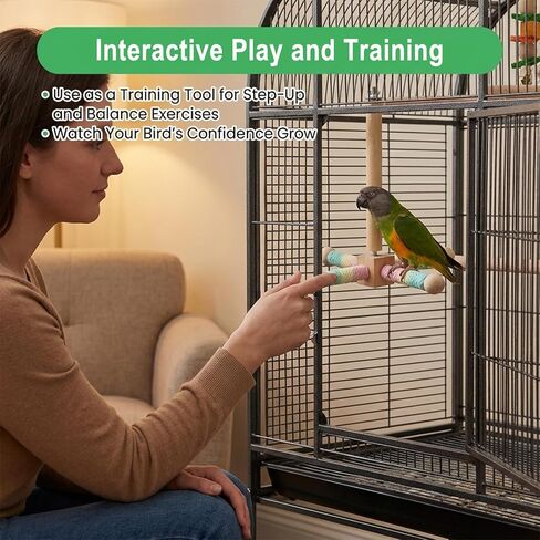 Hanging Bird Perch Toy, Parrot Interactive Rotating Perch, 360°Silent Free-Spin, Wooden Bird Cage Accessories for Standing, Climbing and Perching in Kuwait