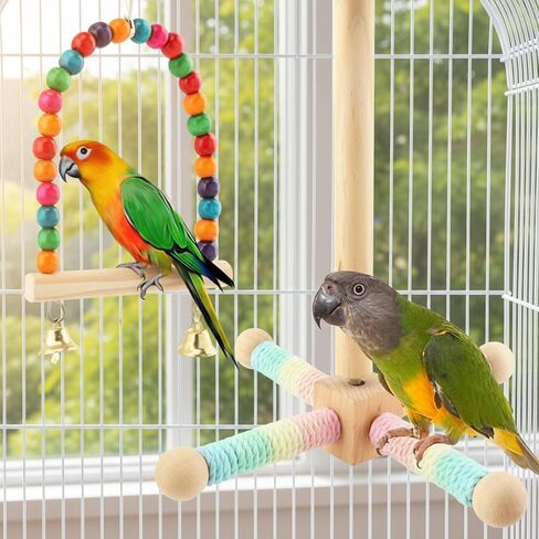 Hanging Bird Perch Toy, Parrot Interactive Rotating Perch, 360°Silent Free-Spin, Wooden Bird Cage Accessories for Standing, Climbing and Perching in Kuwait