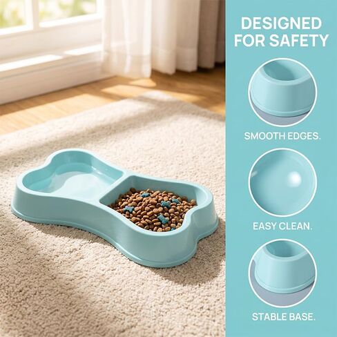 Lightweight Dog Bowls, Plastic Double Dishes, 2 in 1 Bone Shaped Pet Feeder for Cat Puppy, 9.4"×4.9"×1.4", Blue in Kuwait