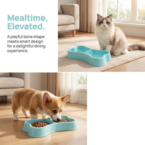 Lightweight Dog Bowls, Plastic Double Dishes, 2 in 1 Bone Shaped Pet Feeder for Cat Puppy, 9.4"×4.9"×1.4", Blue in Kuwait