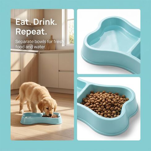 Lightweight Dog Bowls, Plastic Double Dishes, 2 in 1 Bone Shaped Pet Feeder for Cat Puppy, 9.4"×4.9"×1.4", Blue in Kuwait