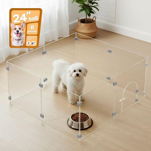 Clear Acrylic Pet Playpen with Door, 8 Panels 23.6 Inches High, Indoor Pet Fence & Crate for Puppies Small Dogs and Cats, with Metal Connectors, Easy to Assemble, Free Combination of Multiple Styles in Kuwait