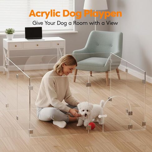Clear Acrylic Pet Playpen with Door, 8 Panels 23.6 Inches High, Indoor Pet Fence & Crate for Puppies Small Dogs and Cats, with Metal Connectors, Easy to Assemble, Free Combination of Multiple Styles in Kuwait