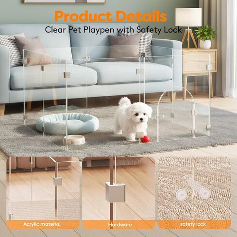 Clear Acrylic Pet Playpen with Door, 8 Panels 23.6 Inches High, Indoor Pet Fence & Crate for Puppies Small Dogs and Cats, with Metal Connectors, Easy to Assemble, Free Combination of Multiple Styles in Kuwait