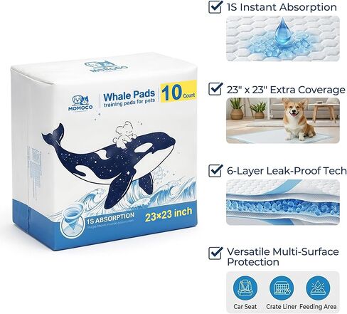 MoMoCo Whale Pads Puppy Pads 10 Pack, Portable Travel Dog Pee Pads, Ultra Absorbent & Leak-Proof, Ideal for Trips, Car, Hotel & Emergency Use in Kuwait