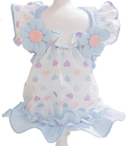 Floral Embellished Dog Dress in Yellow & Blue - Delicate Heart Print Dog Skirt Perfect for Small Breeds Cute Pet Outfit for Spring and Summer Occasions in Kuwait