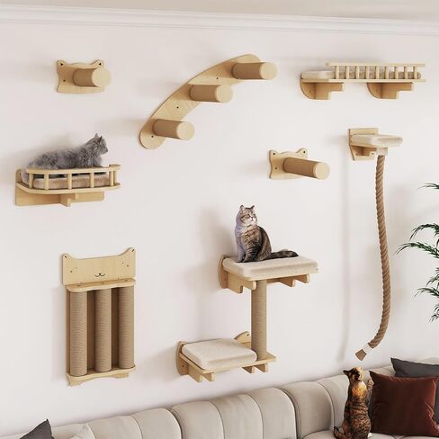 BYBYME 7 Pcs Wall-Mounted Cat Shelves, Multi-Level Sturdy Climbing Frame with Scratching Posts, Kitten Platform & Cat Bed for Playing & Resting, Solid Wood Indoor Cat Room Tree（Natural Wood） in Kuwait