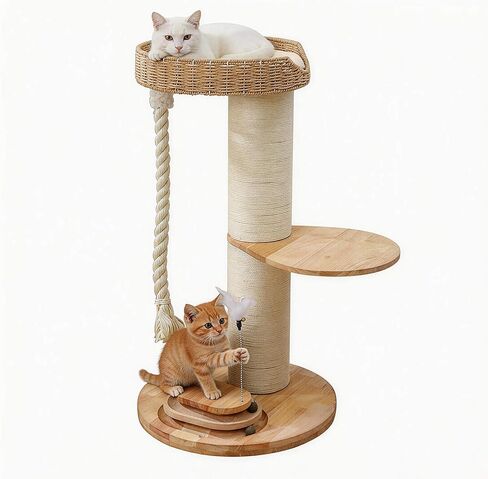 Modern Cat Tree for Large Cats,Solid Wood Cat Tower with Extra Thick Scratching Post,Floor Standing Cat Tower for Indoor Cats with Interactive Toys,Handwoven Rattan Cat Condo with Heavy Duty in Kuwait