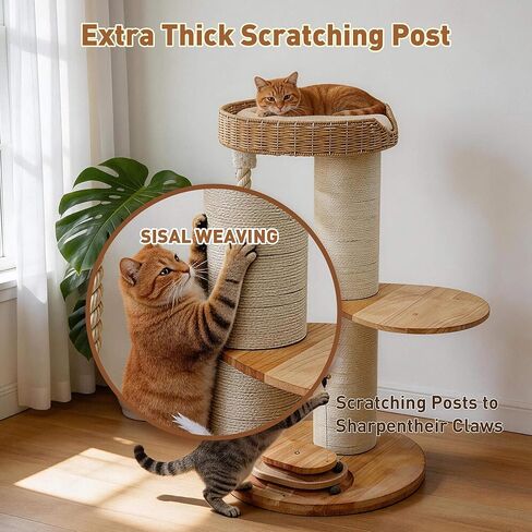 Modern Cat Tree for Large Cats,Solid Wood Cat Tower with Extra Thick Scratching Post,Floor Standing Cat Tower for Indoor Cats with Interactive Toys,Handwoven Rattan Cat Condo with Heavy Duty in Kuwait