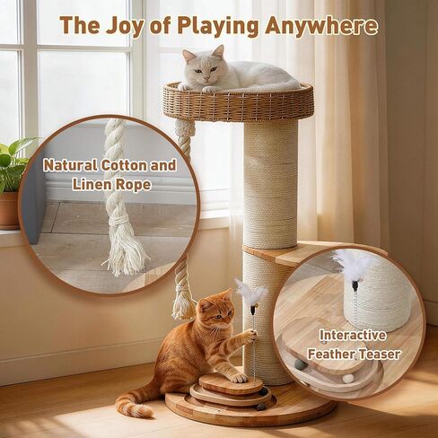 Modern Cat Tree for Large Cats,Solid Wood Cat Tower with Extra Thick Scratching Post,Floor Standing Cat Tower for Indoor Cats with Interactive Toys,Handwoven Rattan Cat Condo with Heavy Duty in Kuwait