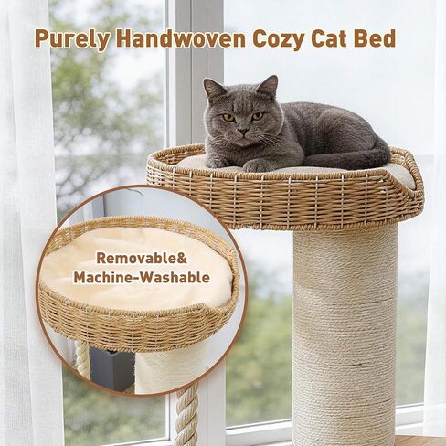 Modern Cat Tree for Large Cats,Solid Wood Cat Tower with Extra Thick Scratching Post,Floor Standing Cat Tower for Indoor Cats with Interactive Toys,Handwoven Rattan Cat Condo with Heavy Duty in Kuwait