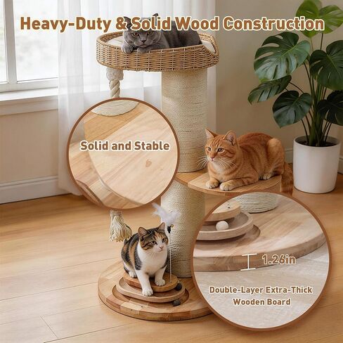 Modern Cat Tree for Large Cats,Solid Wood Cat Tower with Extra Thick Scratching Post,Floor Standing Cat Tower for Indoor Cats with Interactive Toys,Handwoven Rattan Cat Condo with Heavy Duty in Kuwait