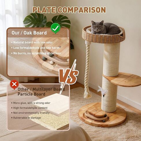 Modern Cat Tree for Large Cats,Solid Wood Cat Tower with Extra Thick Scratching Post,Floor Standing Cat Tower for Indoor Cats with Interactive Toys,Handwoven Rattan Cat Condo with Heavy Duty in Kuwait