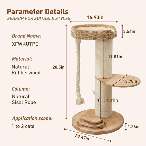 Modern Cat Tree for Large Cats,Solid Wood Cat Tower with Extra Thick Scratching Post,Floor Standing Cat Tower for Indoor Cats with Interactive Toys,Handwoven Rattan Cat Condo with Heavy Duty in Kuwait