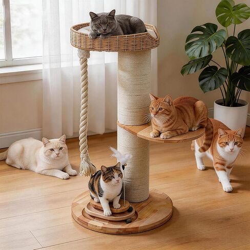 Modern Cat Tree for Large Cats,Solid Wood Cat Tower with Extra Thick Scratching Post,Floor Standing Cat Tower for Indoor Cats with Interactive Toys,Handwoven Rattan Cat Condo with Heavy Duty in Kuwait