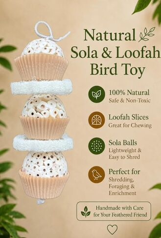 Shred & Destroy Natural Bird Toy - Double Texture Soft & Crunchy - Sola Ball and Loofah Plant - Medium Birds - Cockatiels, Conures - 2 Pack in Kuwait