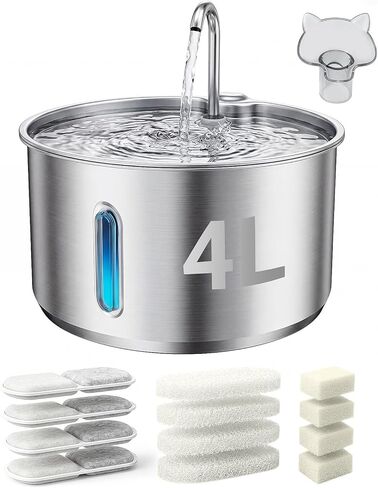 Cordless Cat Water Fountain 3L / 101oz, Stainless Steel Battery Operated Pet Fountain with 5000mAh Battery, Ultra Quiet, 3 Modes, 4 Filters, Helps Reduce Refills & Encourage Drinking in Kuwait