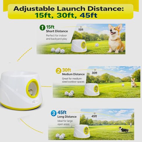 Automatic Dog Ball Launcher for Small Dogs & Medium Dogs, Interactive Fetch Machine with 3 Launch Distances (15–45 FT), USB Rechargeable, Includes 6 ETPU Balls in Kuwait