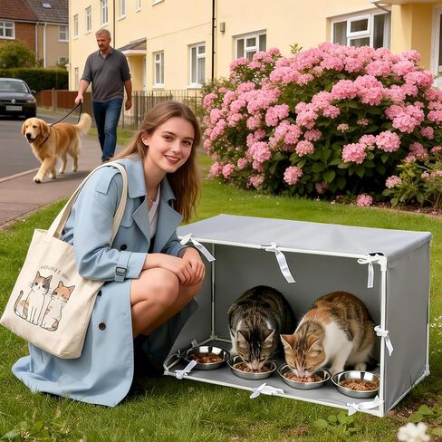 Large Outdoor Cat Feeding Station & Shelter with 4 Bowls - 35"x 17"x 17" Waterproof Pet House Dining Room for Multiple Stray, Feral Cats, Dogs & Rabbits in Kuwait