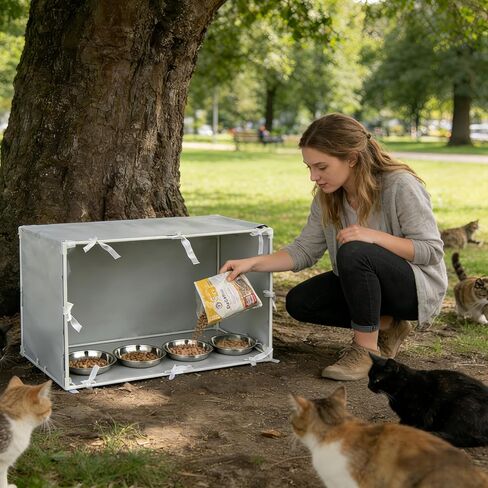 Large Outdoor Cat Feeding Station & Shelter with 4 Bowls - 35"x 17"x 17" Waterproof Pet House Dining Room for Multiple Stray, Feral Cats, Dogs & Rabbits in Kuwait