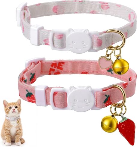 2 Pack Cat Collars Breakaway Cute Kitten Collar with Bell Pink Strawberry and White Heart Shaped Pendant Adjustable Cat Collar for Girl Cats Accessories in Kuwait