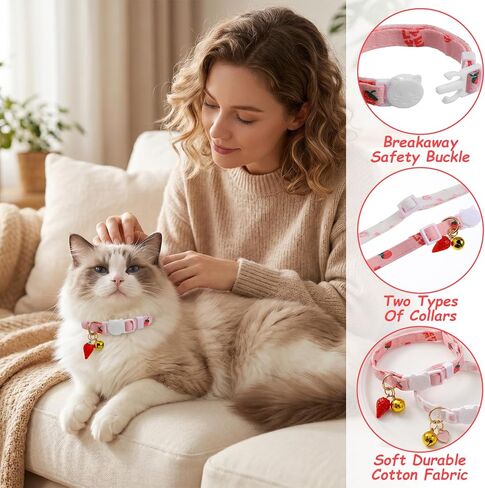 2 Pack Cat Collars Breakaway Cute Kitten Collar with Bell Pink Strawberry and White Heart Shaped Pendant Adjustable Cat Collar for Girl Cats Accessories in Kuwait