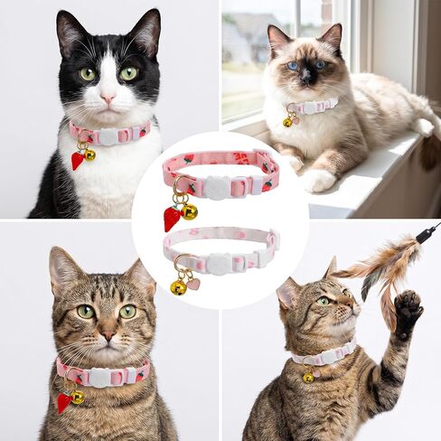 2 Pack Cat Collars Breakaway Cute Kitten Collar with Bell Pink Strawberry and White Heart Shaped Pendant Adjustable Cat Collar for Girl Cats Accessories in Kuwait