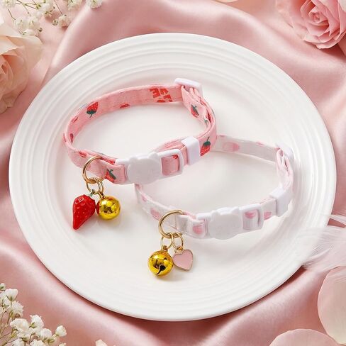 2 Pack Cat Collars Breakaway Cute Kitten Collar with Bell Pink Strawberry and White Heart Shaped Pendant Adjustable Cat Collar for Girl Cats Accessories in Kuwait
