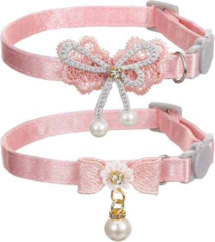2Pcs Pink Cat Collar Breakaway, Adjustable Cute Cat Collar with Pearl Pendant, Girl Cats Collars with Safety Buckle Pink Bowtie Kitten Collars for Girl Cats in Kuwait