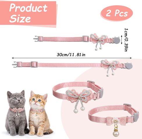 2Pcs Pink Cat Collar Breakaway, Adjustable Cute Cat Collar with Pearl Pendant, Girl Cats Collars with Safety Buckle Pink Bowtie Kitten Collars for Girl Cats in Kuwait