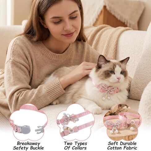 2Pcs Pink Cat Collar Breakaway, Adjustable Cute Cat Collar with Pearl Pendant, Girl Cats Collars with Safety Buckle Pink Bowtie Kitten Collars for Girl Cats in Kuwait