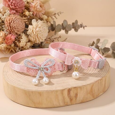 2Pcs Pink Cat Collar Breakaway, Adjustable Cute Cat Collar with Pearl Pendant, Girl Cats Collars with Safety Buckle Pink Bowtie Kitten Collars for Girl Cats in Kuwait
