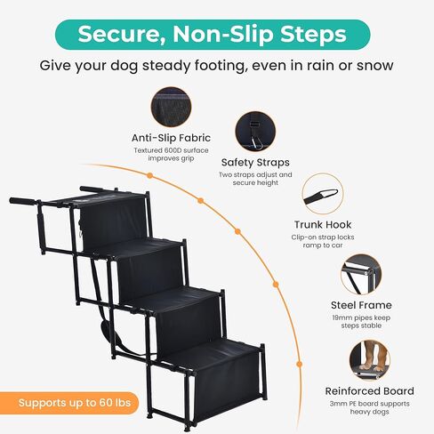 Dog Stairs for Car, Truck & SUV – Foldable Dog Steps for Small & Large Dogs with Anti Slip Surface & Poop Bag Dispenser, Lightweight Dog Ramp Holds Up to 130lbs in Kuwait