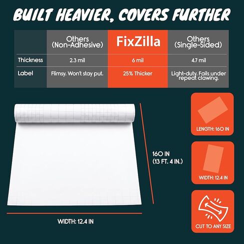 واقي أثاث مضاد للخدش من FixZilla للأريكة، لاصق من جانب واحد، 12.4 بوصة × 160 بوصة، واقي أريكة مرن ناعم من مخالب القطط، لا حاجة إلى دبابيس ملتوية، زوايا العناق، منحنيات، يتضمن ممسحة مطاطية in Kuwait