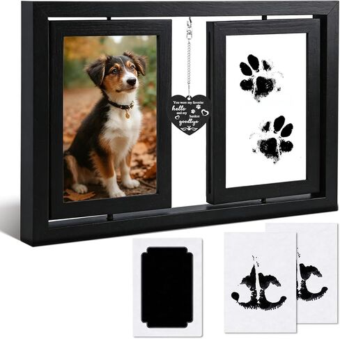 Dog Picture Frame 4x6, Rotating Wooden Pet Paw & Nose Print DIY Impression Kit, Memorial Gifts for Loss of Cat Passing Away Sympathy Gifts-Brown in Saudi Arabia