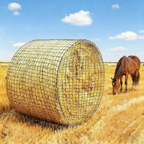 شبكة قش مستديرة كبيرة مقاس 4 × 4 أقدام للخيول شبكة قش شديدة التحمل للتغذية البطيئة تصميم أسود بدون عقد للحصان والماشية والماعز (4 × 4 أقدام) in Kuwait