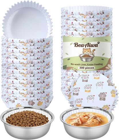 Disposable Cat Food Bowl Set (300 Pcs Cat Bowls liners + 2 Pcs Stainless Steel Pet Bowls) Bulk Disposable Pet Food Bowls for Feeding Dry or Wet Food to Cats Puppy Small Dog (Charming Paw Print Design) in Kuwait