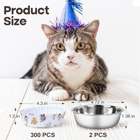 Disposable Cat Food Bowl Set (300 Pcs Cat Bowls liners + 2 Pcs Stainless Steel Pet Bowls) Bulk Disposable Pet Food Bowls for Feeding Dry or Wet Food to Cats Puppy Small Dog (Charming Paw Print Design) in Kuwait