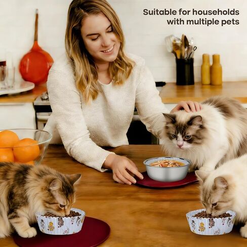 Disposable Cat Food Bowl Set (300 Pcs Cat Bowls liners + 2 Pcs Stainless Steel Pet Bowls) Bulk Disposable Pet Food Bowls for Feeding Dry or Wet Food to Cats Puppy Small Dog (Charming Paw Print Design) in Kuwait