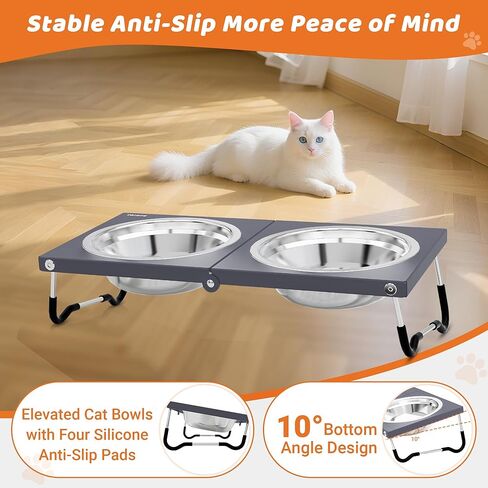 Upgraded Raised Cat Bowls,Elevated Bowls for Indoor Cats with Height Stand,Non-Slip Stainless Steel Cats Bowl,10° Tilted Cat Food Bowls (Grey Collapse, 1Pack) in Kuwait