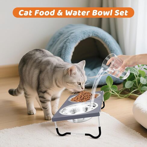 Upgraded Raised Cat Bowls,Elevated Bowls for Indoor Cats with Height Stand,Non-Slip Stainless Steel Cats Bowl,10° Tilted Cat Food Bowls (Grey Collapse, 1Pack) in Kuwait