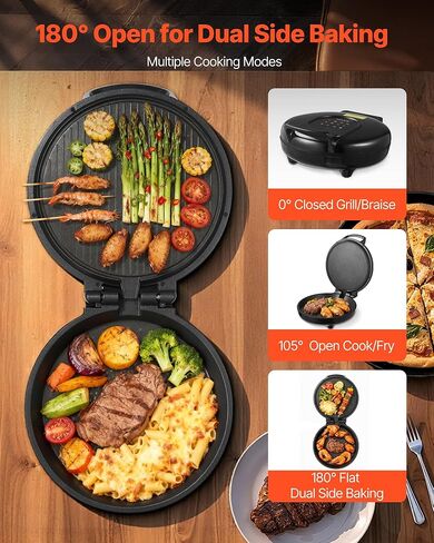 VEVOR Pizza Oven, 12 in Electric Pizza Maker, 1200W Electric Pizzas Cooker with Non-Stick Coating, 180° Open for Dual Side Baking, Heats up to 410 ˚F, Multi-Function Cooking, for Pizzas, Barbecue in Saudi Arabia